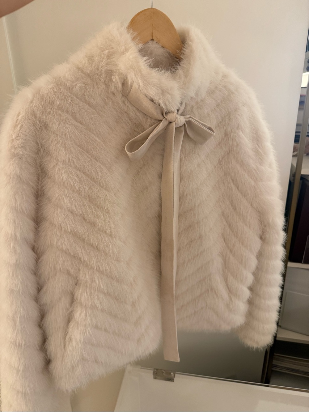 Korean Ivory Faux Fur Bow-Front Jacket